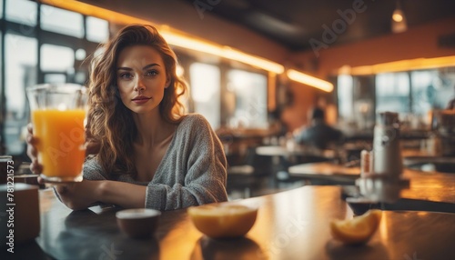 A woman snaps a selfie in a vibrant cafe, with breakfast and orange juice on the table beside her. photo