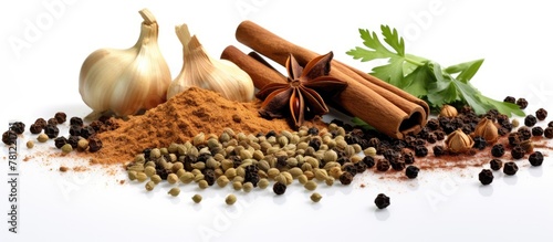 Variety of herbs and spices on white background