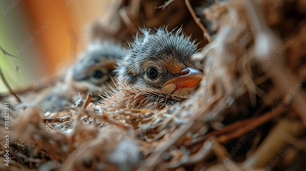 Naklejka premium Newborn Birds Resting in a Rustic Nest with Detailed Feathers under Natural Light