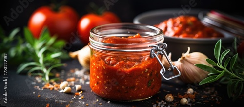 Homemade jar red sauce with garlic and herbs photo
