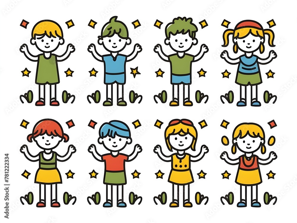 Illustration of kids in poses line art on white background Illustration of kids in poses line art on white background