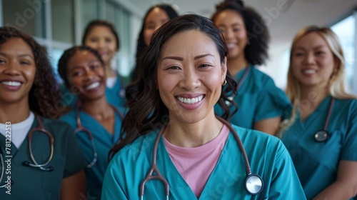 A happy and smiling diverse group of nurses standing together