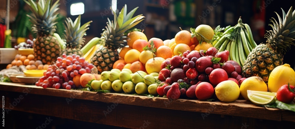 Various fruits spread out on a table
