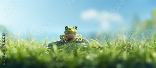 Frog sits on rock among grass