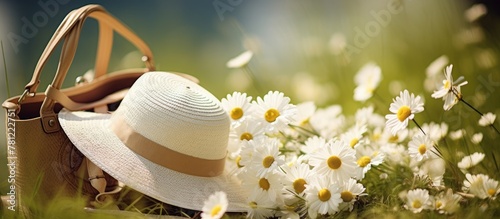 Hat and handbag amid grass