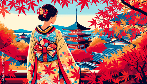 Concept of Kyoto in the autumn leaves. Vector illustration.