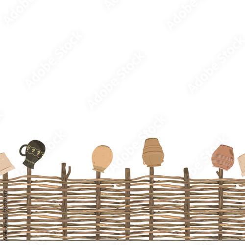 Wicker fence made of flexible willow or hazel wood decorated with vintage clay pots, seamless pattern, vector isolated illustration. Wooden border design element © Toltemara