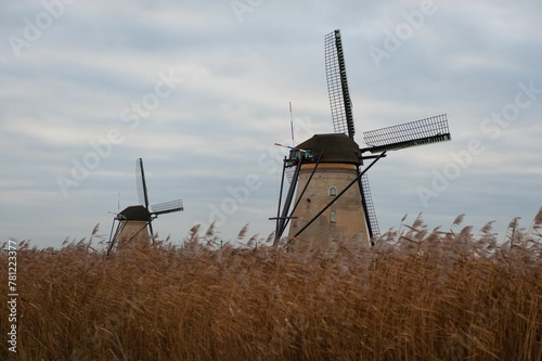 Werelderfgoed Kinderdijk windmills on brown grass field in Kinderdijk, Netherlands photo
