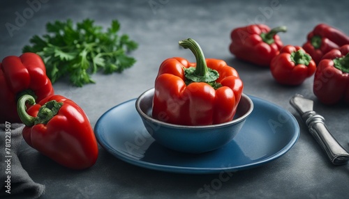 Stuffed red peppers with parsley on blue plate, silver cutlery, pepper mill, textured grey background.