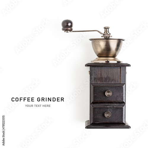 Vintage coffee grinder isolated on a white background.