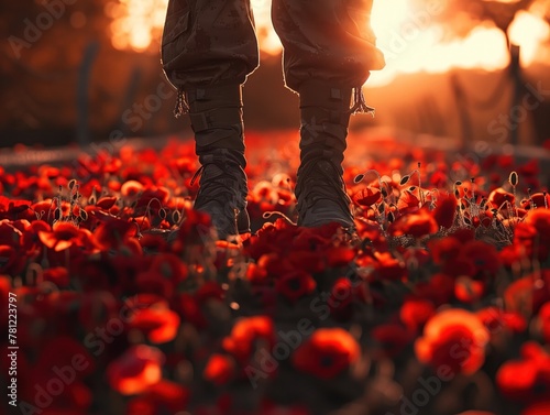 Veteran soldier, standing at a war memorial, honoring fallen comrades Poppies scattered at his feet, symbolizing sacrifice and loss, Golden Hour, Lens Flare