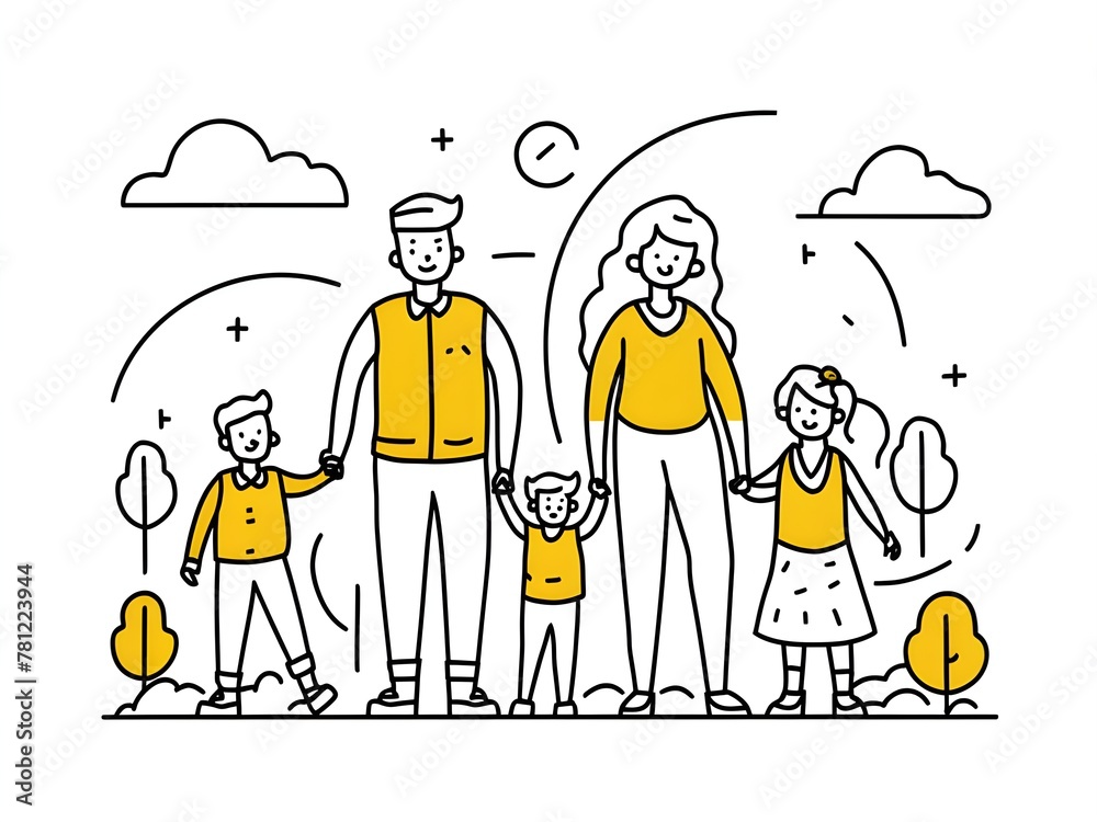 Illustration of Parents with children line art 