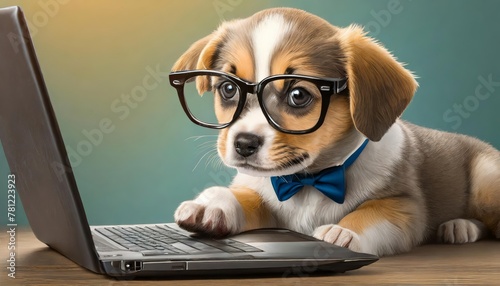 A puppy wearing glasses conducting business with a laptop , generated by AI photo