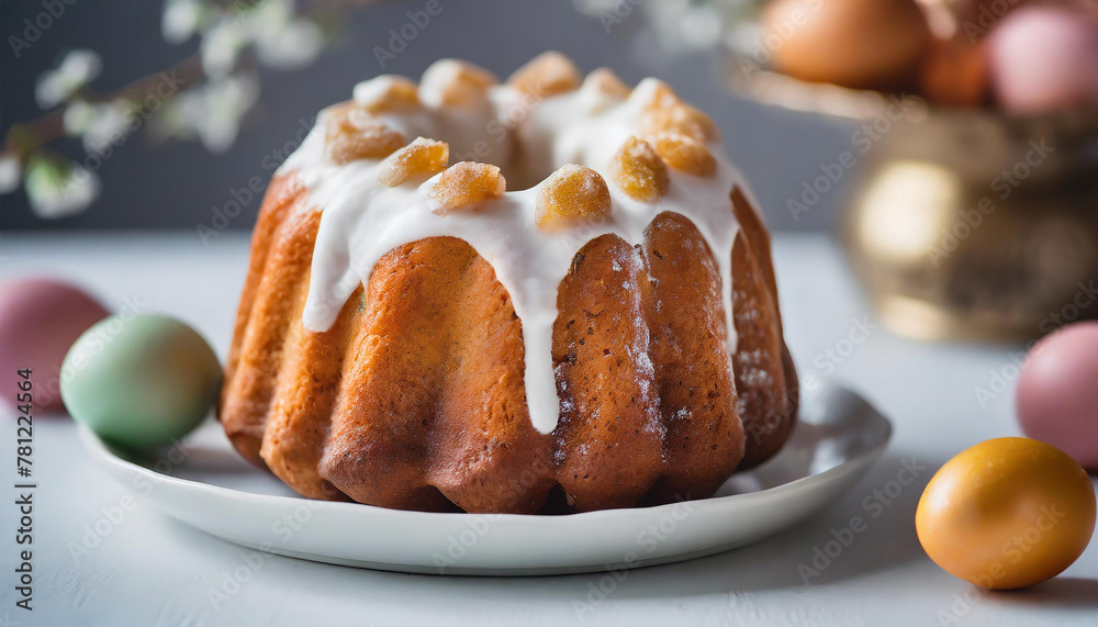 Close-up of delicious Easter bundt cake with white glazing on white table. Tasty holiday dessert.