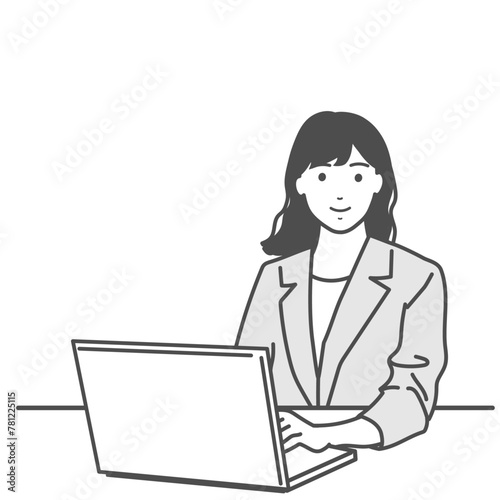 パソコンを使っている笑顔の女性のシンプルなイラスト　白バック、モノクロ、白黒、ベクター