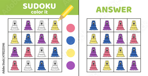 Sudoku with monster. Coloring sudoku with space monster. Cartoon