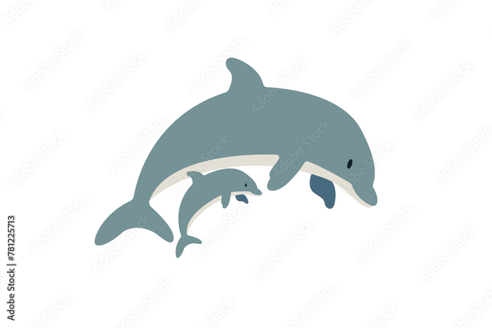 Vector flat illustration isolated on white background, sea animals illustration, vector flat dolphin with a baby dolphin Vector flat illustration isolated on white background, sea animals illustration, vector flat dolphin with a baby dolphin