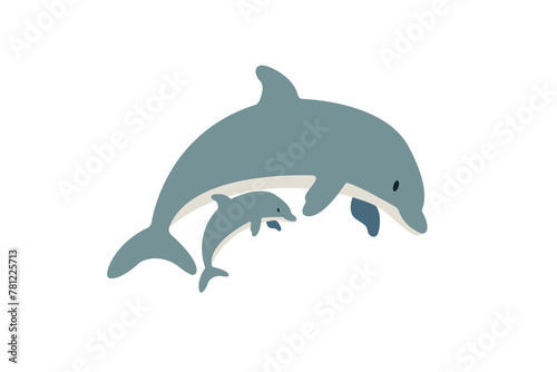 Vector flat illustration isolated on white background, sea animals illustration, vector flat dolphin with a baby dolphin