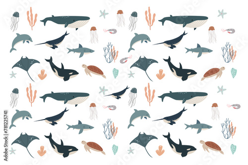 Vector flat illustration isolated on white background, sea animals set, vector whale, shark, narwhal, jellyfish, dolphin, stingray, turtle and shrimp photo