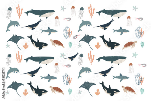 Vector flat illustration isolated on white background, sea animals set, vector whale, shark, narwhal, jellyfish, dolphin, stingray, turtle and shrimp