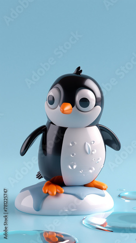 Smiling Penguin on Ice Floe. 3D Rendered Character of a Penguin Standing on an Ice Platform Surrounded by Water on Light Blue Background. © Art