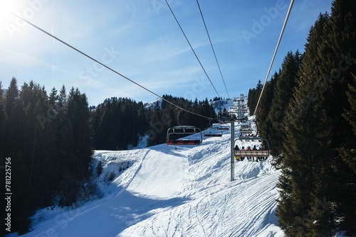 Cable car going up to the top of a snowy mountain surrounded by evergreen trees