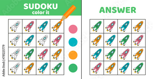 Rocket in sudoku. Coloring sudoku with spaceship. Cartoon