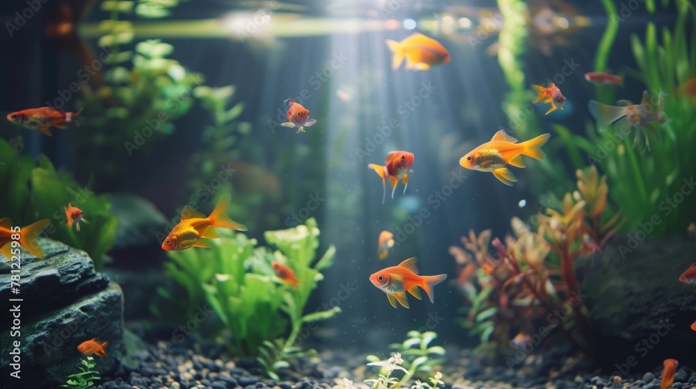 A serene aquarium scene featuring rare tropical fish, framed by empty space, capturing the tranquility of underwater life