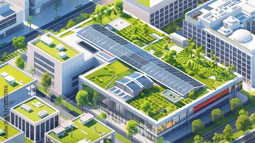 Sustainable transportation hub, modern design with green roofs and solar panels, detailed illustration against a clear background