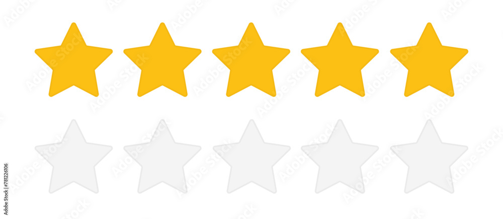 Five stars rating icon set. Customer product or service rating review symbol. Vector illustration