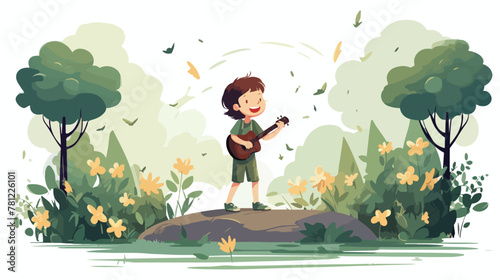 Illustration of a boy singing at the garden on a wh