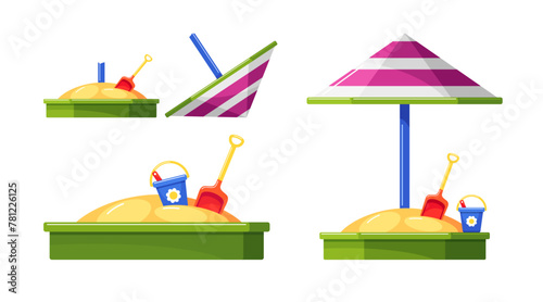 Sandboxes with bucket and shovel in children area in park, playground or kindergarten. Broken kids sandpit with fallen umbrella, vector flat cartoon set