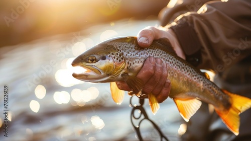 A close-up of a fisherman holding a freshly caught trout, its scales shimmering in the sunlight.  photo