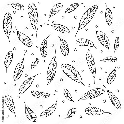 Leaf fall. Collection of falling leaves in black and white. Black and white drawing of falling leaves for a coloring book. Drawing in linear style. Vector illustration