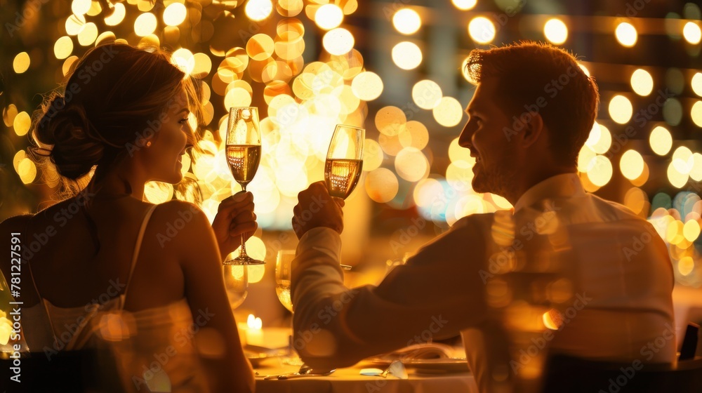 A couple celebrating their engagement with a romantic dinner at a fancy restaurant. 