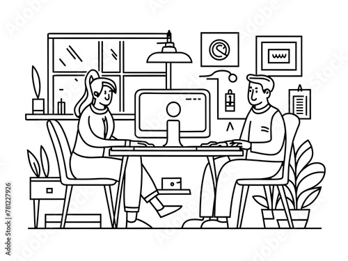 illustration of a couple  working on a laptop in office line art 