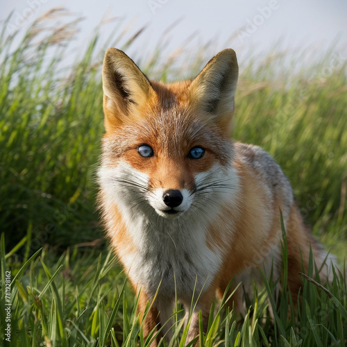A stunning wild fox ,with piercing blue eyes, standing in a lush green field. The fox's fur is a beautiful combination of orange, white, with a subtle sheen under the sunlight. generative ai