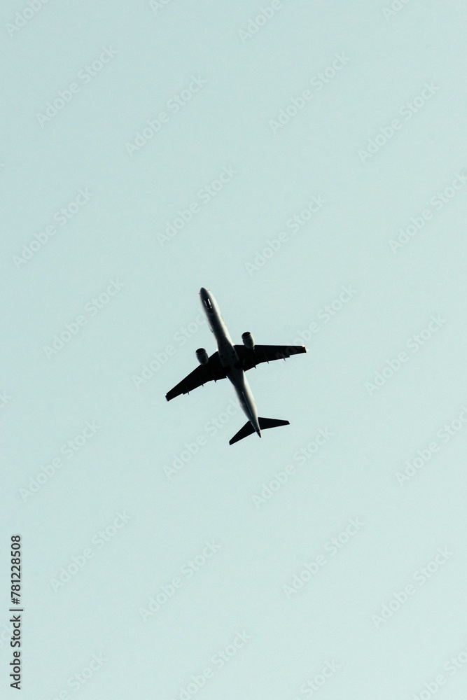 Beautiful vertical view of an airplane flying in a clear sky Beautiful vertical view of an airplane flying in a clear sky