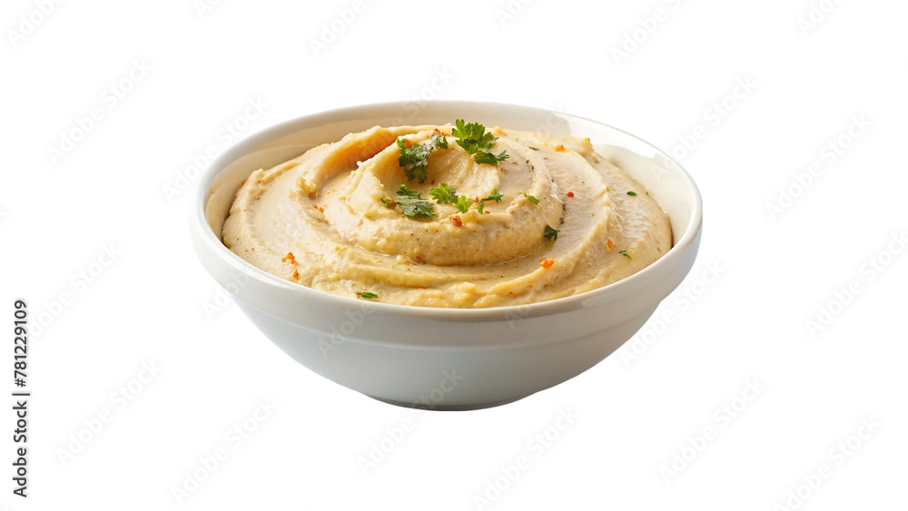 White bowl on hummus isolated on transparent background