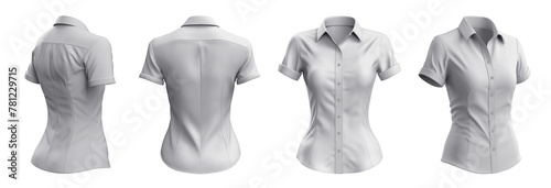 Set of woman white button up short sleeve collar slim fitting shirt front, back, side view on transparent background cutout, PNG file. Mockup template for artwork graphic design