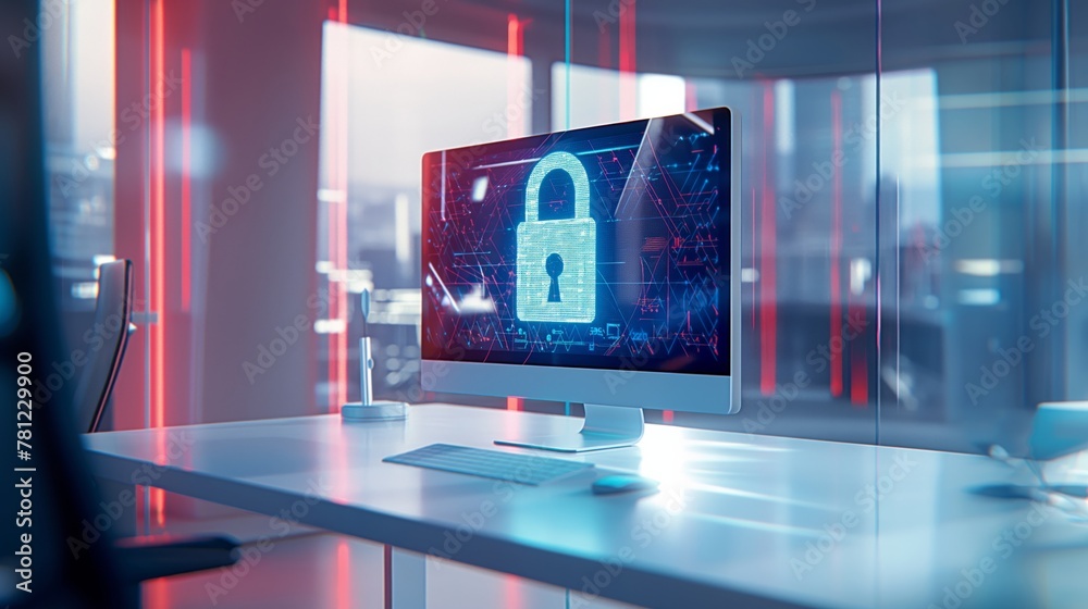 desktop computer placed on a table within an office setting. On the computer screen, there is a prominently displayed icon of a glowing padlock symbol desktop computer placed on a table within an office setting. On the computer screen, there is a prominently displayed icon of a glowing padlock symbol