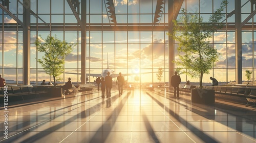 Airport lobby at sunset  where various travelers can be observed. There are people engaging in different activities such as sitting on benches  walking  and standing  parked airplanes on the tarmac. 