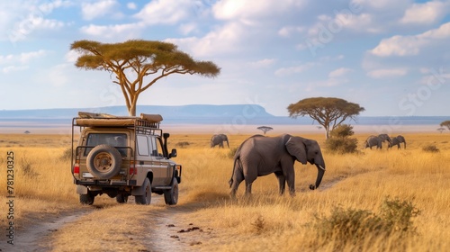 car in African safari. herd of elephants, consisting of at least five individuals, are visible. There appear to be three trees, possibly acacia, in the vicinity of the animals and vehicle photo
