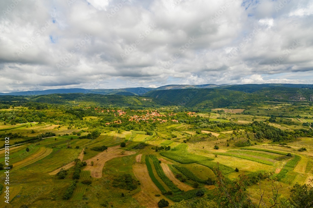 Aerial shot of the green fields with a small village and mountains in the background