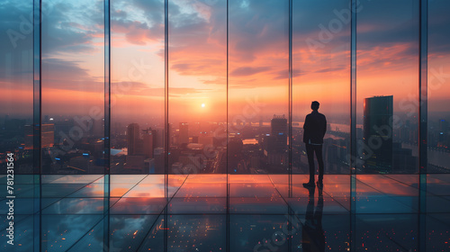 Silhouette of a businessman overlooking a vibrant city skyline bathed in the hues of dusk, dawn of new ventures.