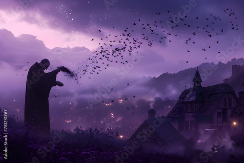Twilight Enchantment: The Eldritch Sandman delivering Dreams over a Peaceful Town