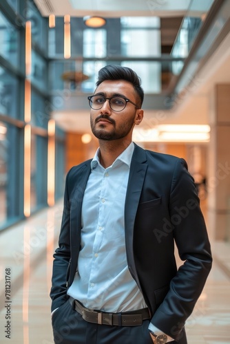 In a modern office lobby, a South Asian professional awaits their interview, their composed demeanor and well-groomed appearance reflecting their readiness to impress prospective employers
