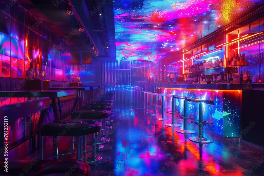 A neon-lit nightclub with pulsating lights and distinctive beats.