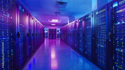 High-tech server room with illuminated racks in a data center.