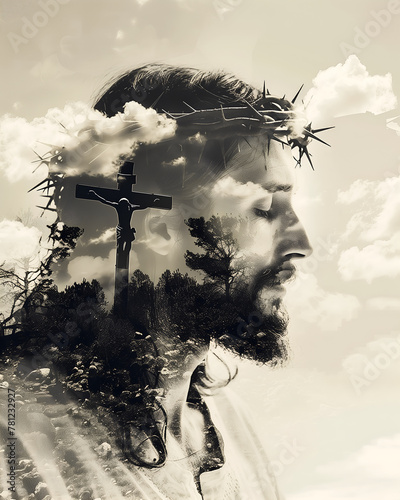 Double exposure image of Jesus Christ, Christian cross and clouds